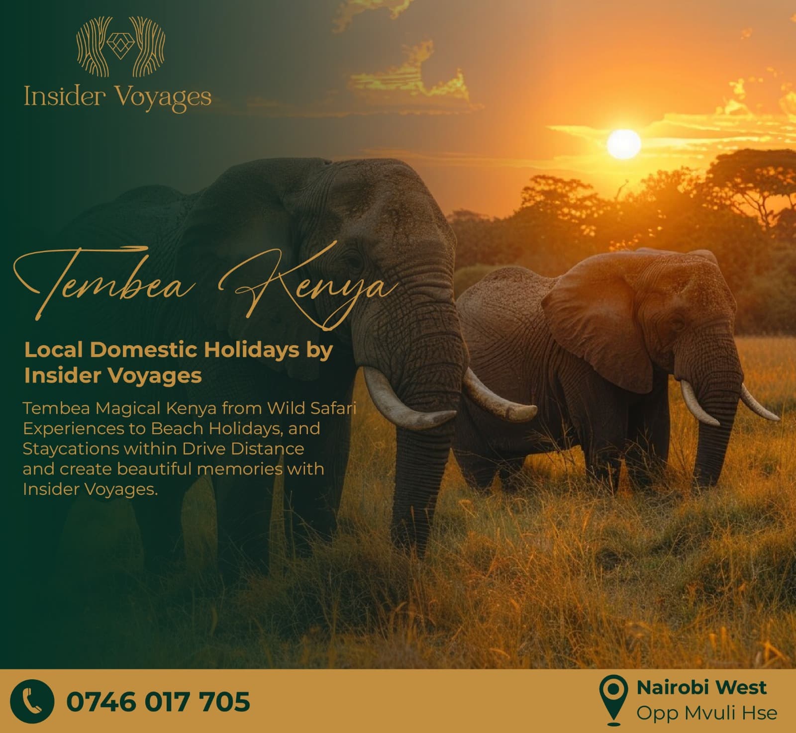 Insider Voyages post promoting local holidays in Kenya, showing two elephants in golden savannah light under a Tembea Kenya script headline.