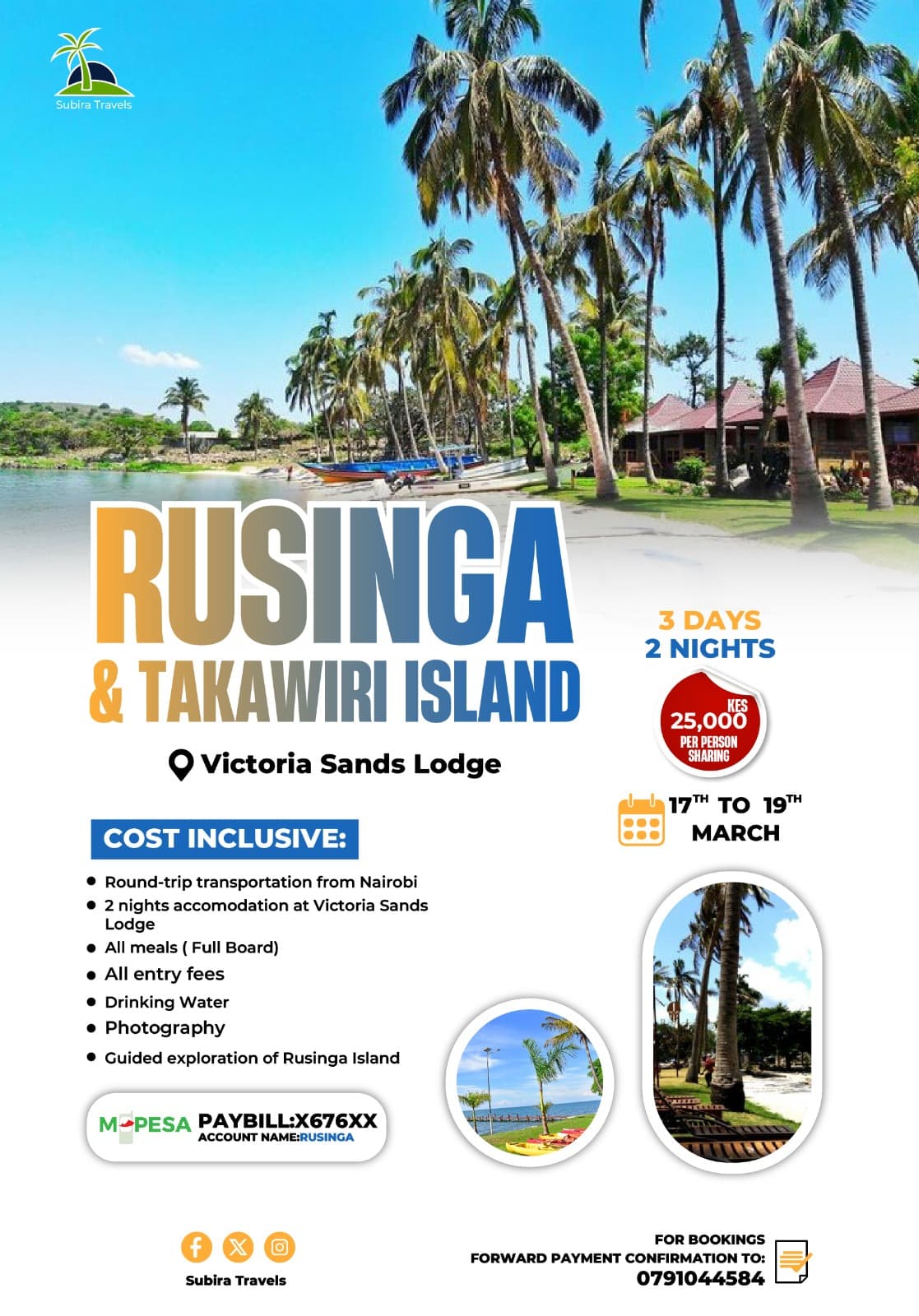 Subira Travels poster for a three-day trip to Rusinga and Takawiri Island, with a palm-lined beach, the price and what the cost includes.
